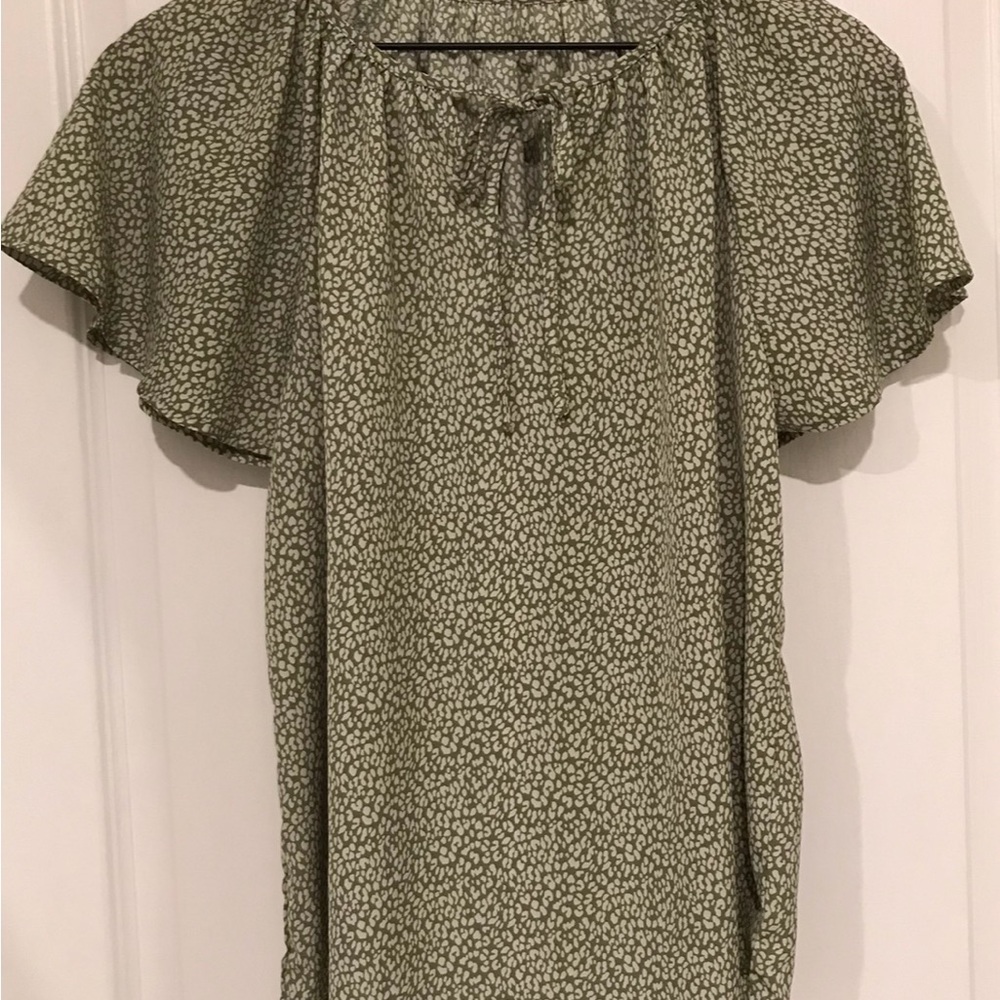 SHEIN Olive Patterned Blouse with Tie-Neck
